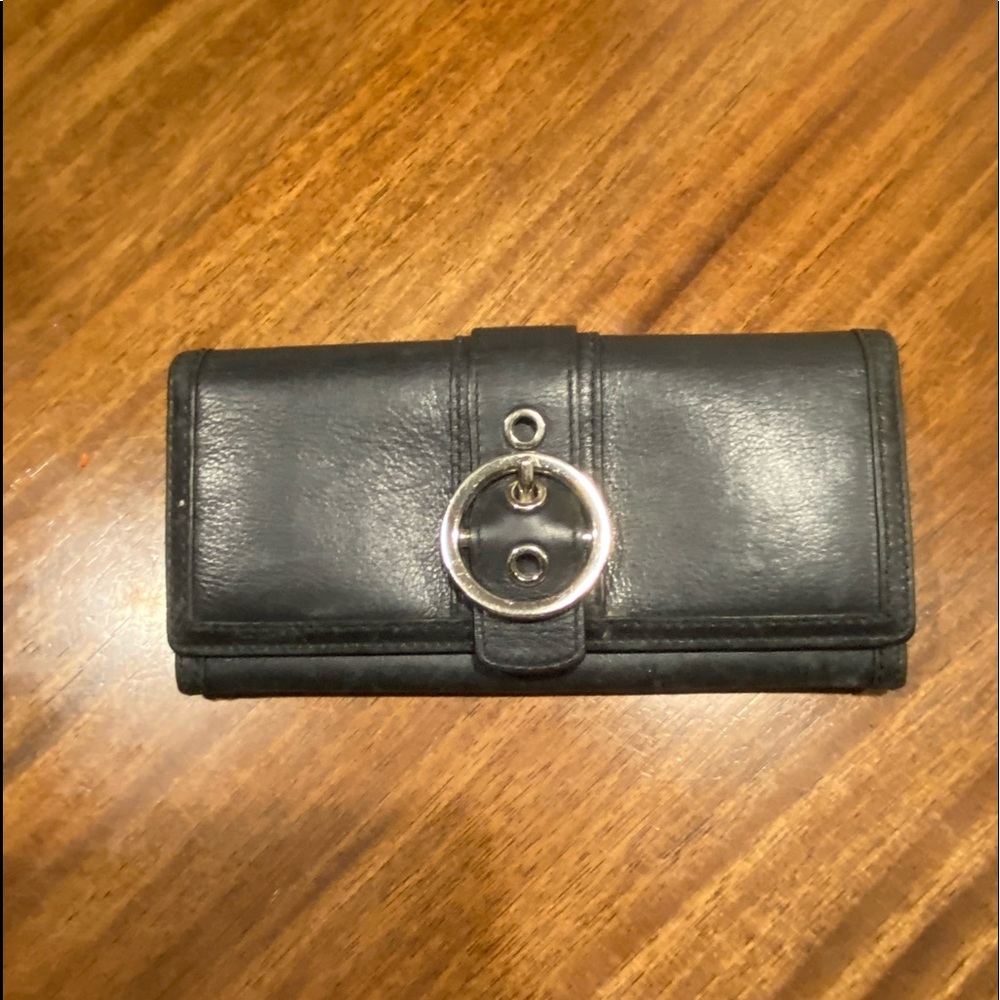 Coach Black Leather Trifold Wallet with Silver Ring Accent